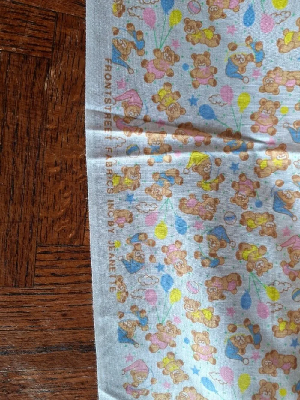 Vtg. Frontstreet Cotton Fabric Boy Girl Bear Balloon Sleep-White Nursery, 1 yd